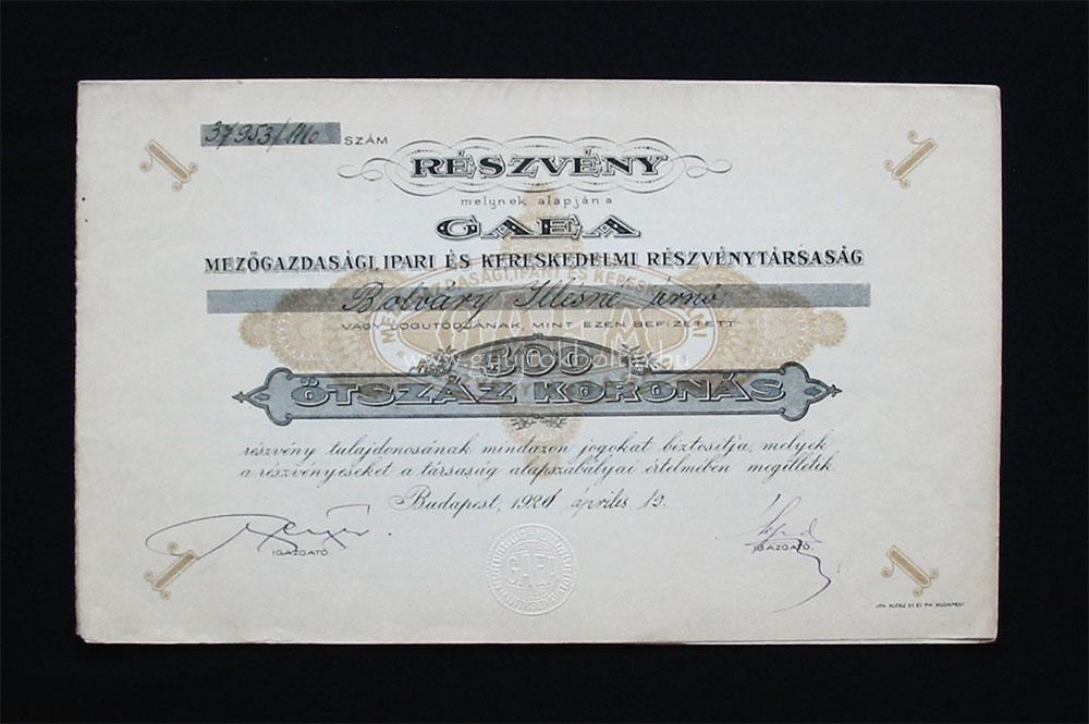 GAEA Mezõgazdasági, Ipari és Kereskedelmi Rt. 500 korona 1921